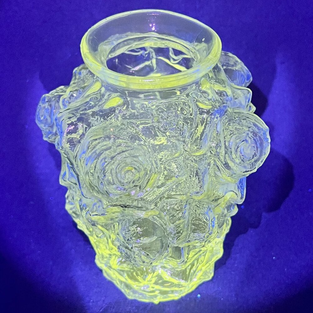 Vintage Goofus Clear Glass 7" Vase Roses Relief Embossed Rose Glows 1900's
